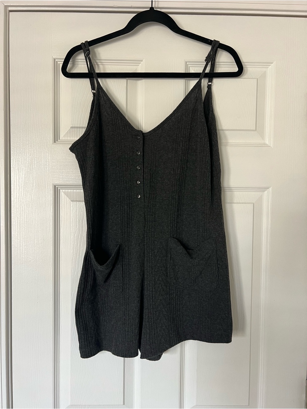 Sparkle & Fade Charcoal Ribbed Button-Front Romper with Pockets
